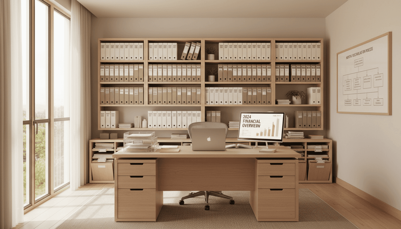 Organized bookkeeping workspace with CPA-ready financial documents
