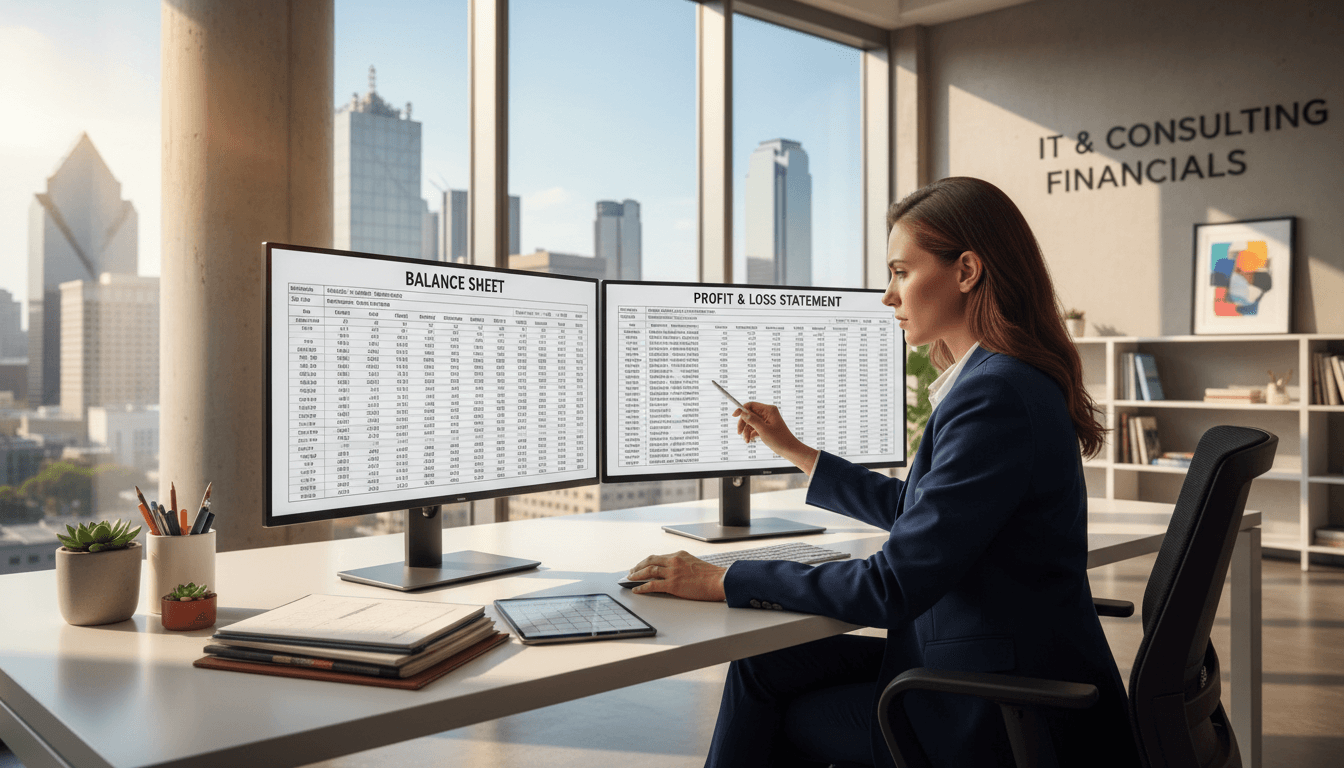 Bookkeeper in a modern office reviewing financial reports on dual monitors with organized documents.