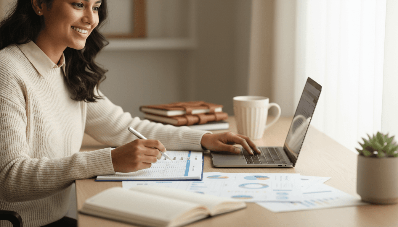 Professional bookkeeper reviewing financial documents at desk