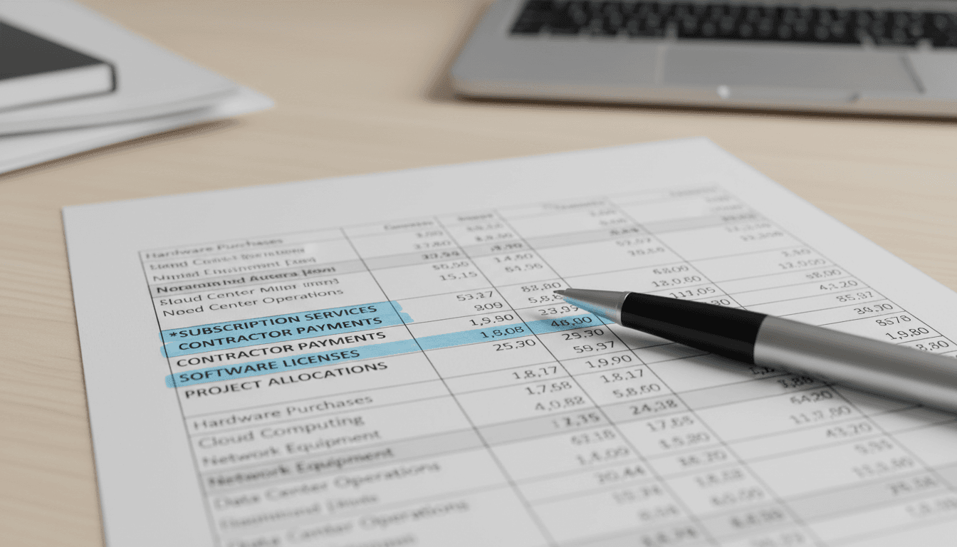 IT expense categorization breakdown on printed financial report