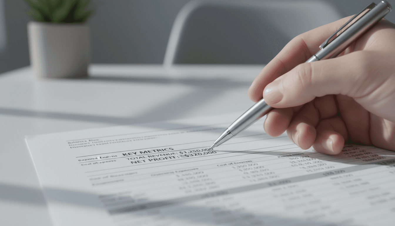 Close-up of financial statement showing profit and loss metrics with analytical detail