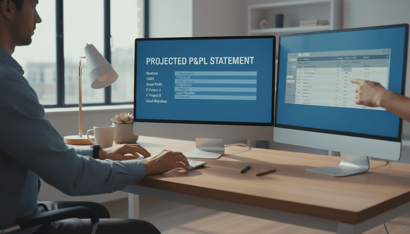 Bookkeeper reviewing IT project financials on dual monitors
