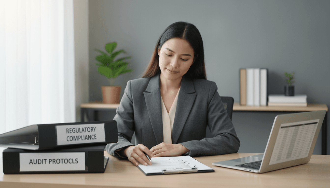 Professional reviewing compliance documentation and bookkeeping records