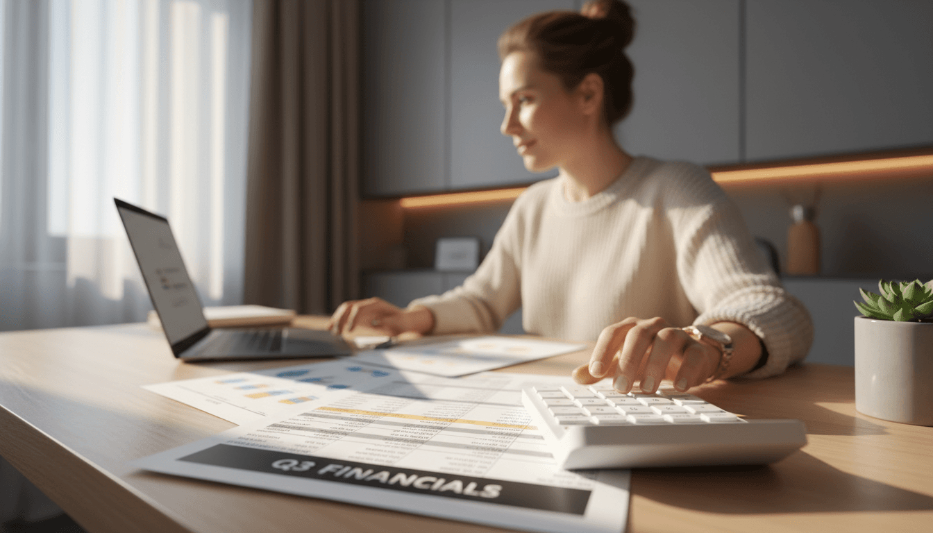 Bookkeeper reviewing financial statements and reports at a professional Dallas office desk