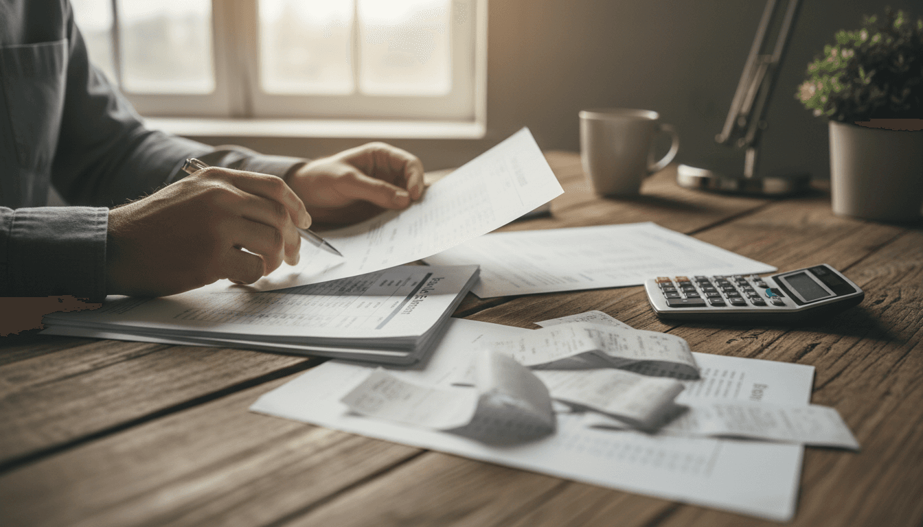 Hands organizing financial documents and bank statements on desk