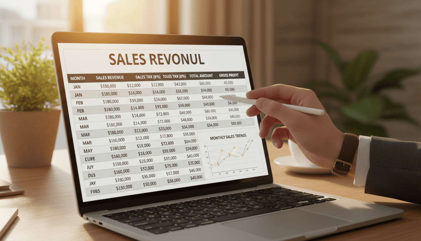 Sales tax tracking report and organized financial data on screen