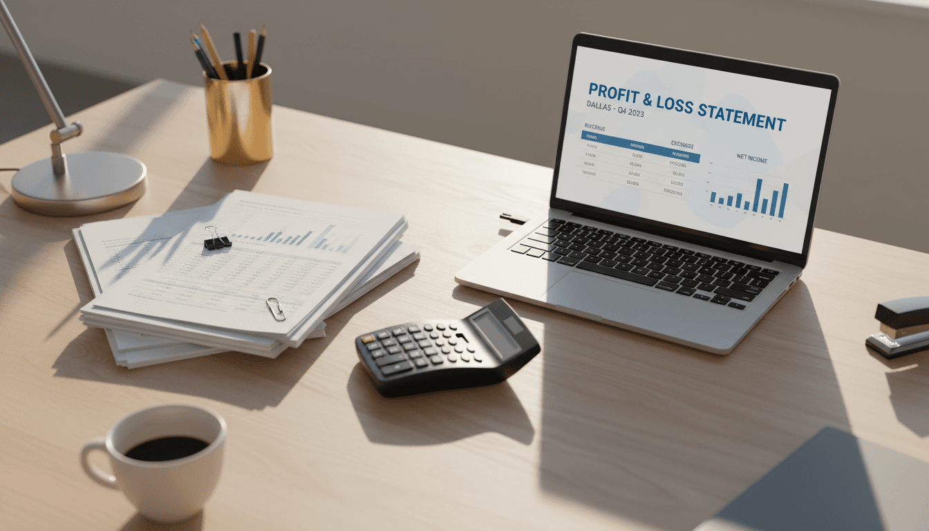 Organized bookkeeper workspace with financial documents and laptop showing P&L statements