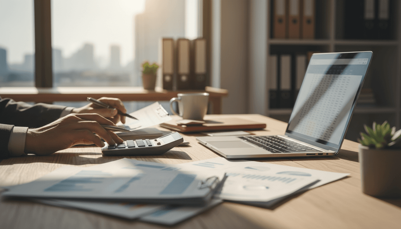 Professional bookkeeper reviewing financial documents and reconciliation reports at a workspace