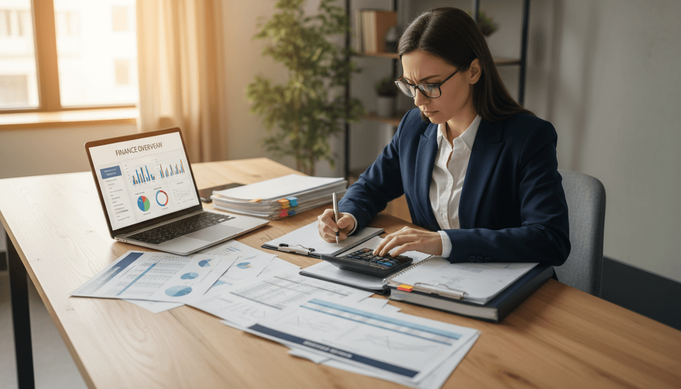 Accountant reviewing financial statements and reconciliation records