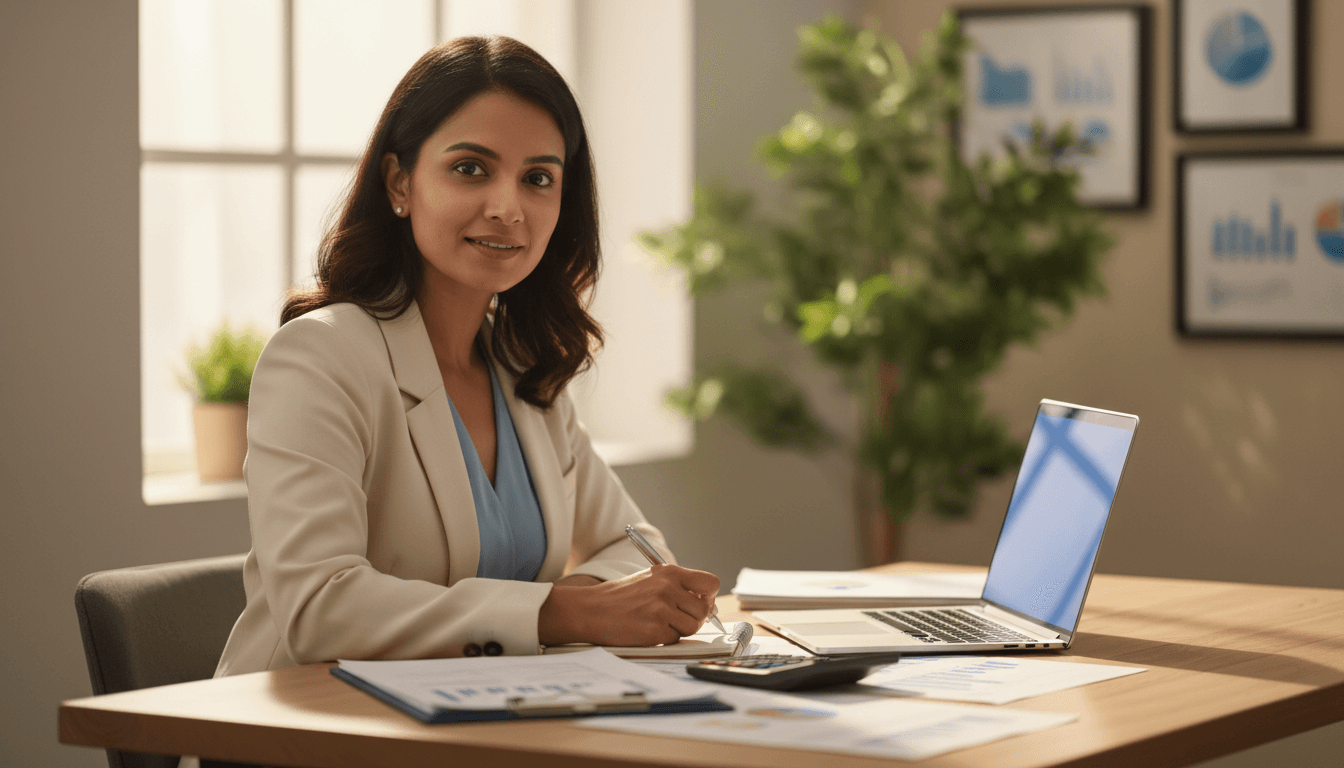 Professional woman reviewing financial documents at a clean desk in a bright Dallas office