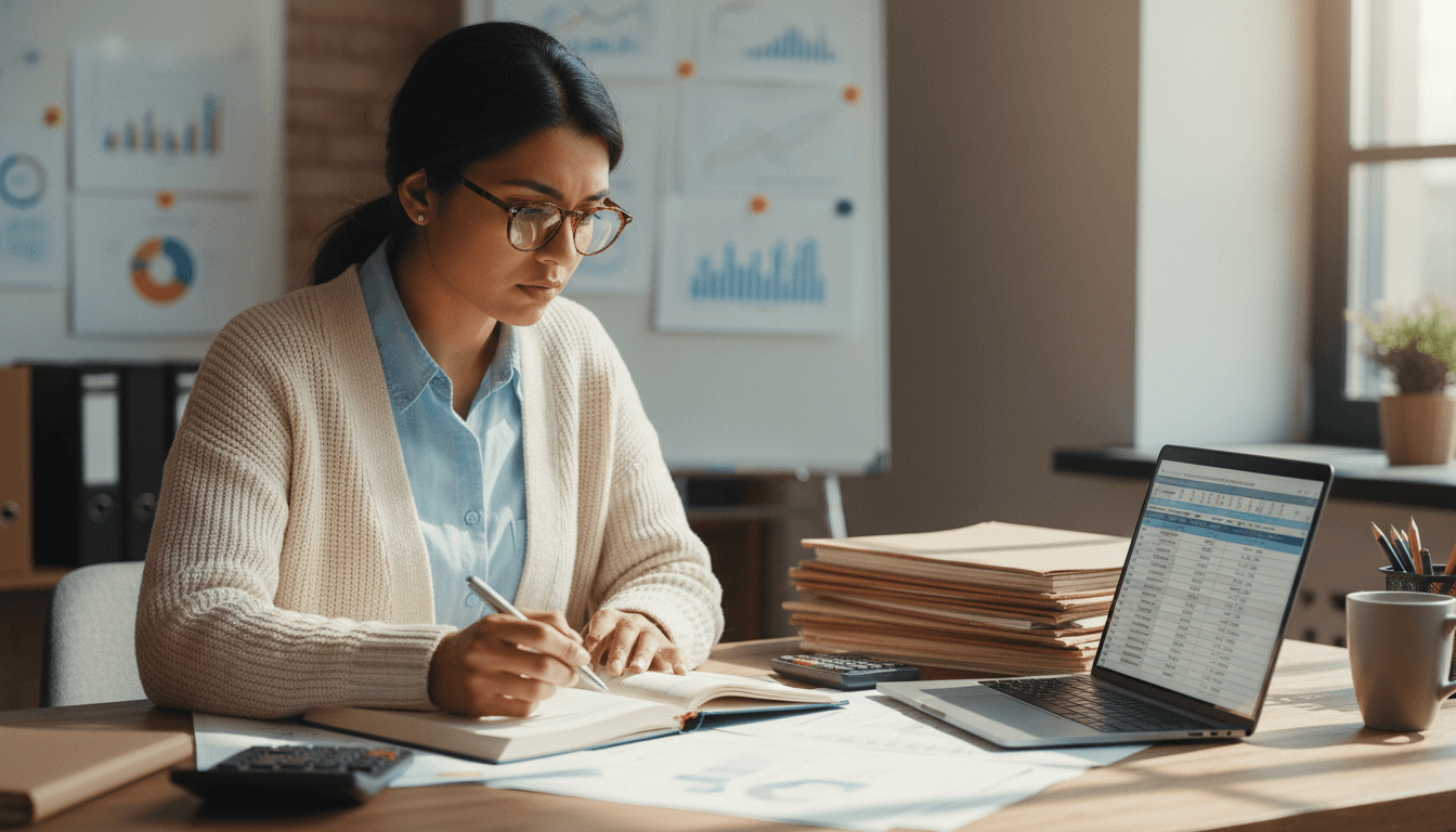 Professional accountant reviewing financial documents and bookkeeping records at a desk in Dallas