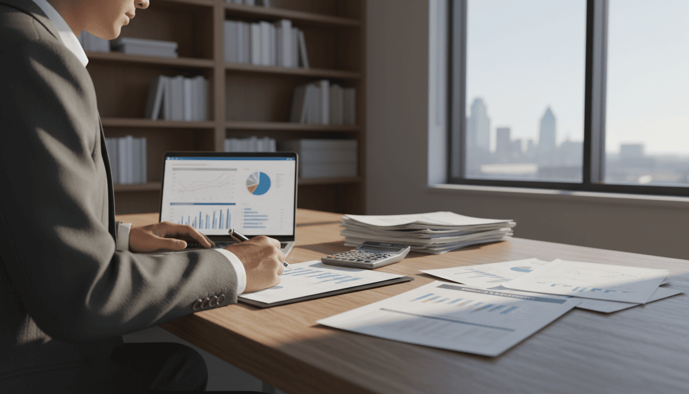 Accountant reviewing financial documents and profit and loss statements at a professional desk