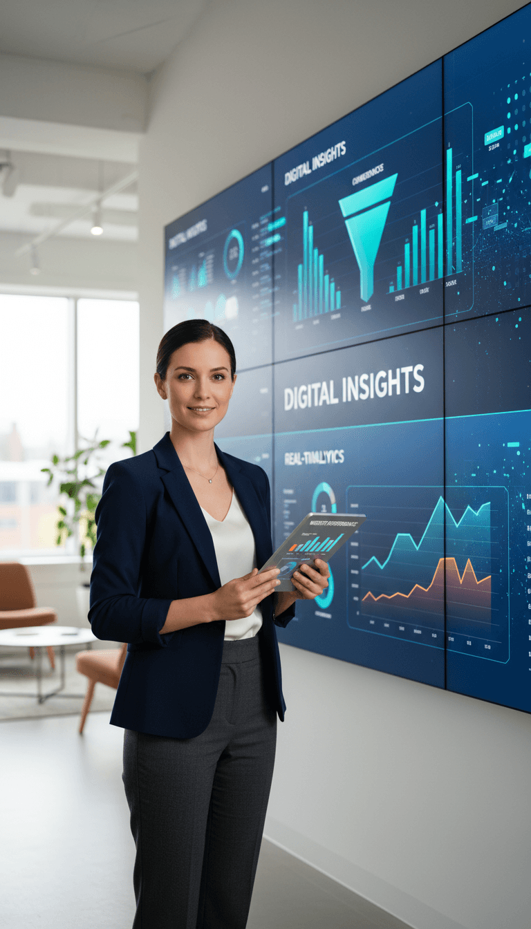 Female digital strategist standing before large analytics dashboard displaying website performance metrics